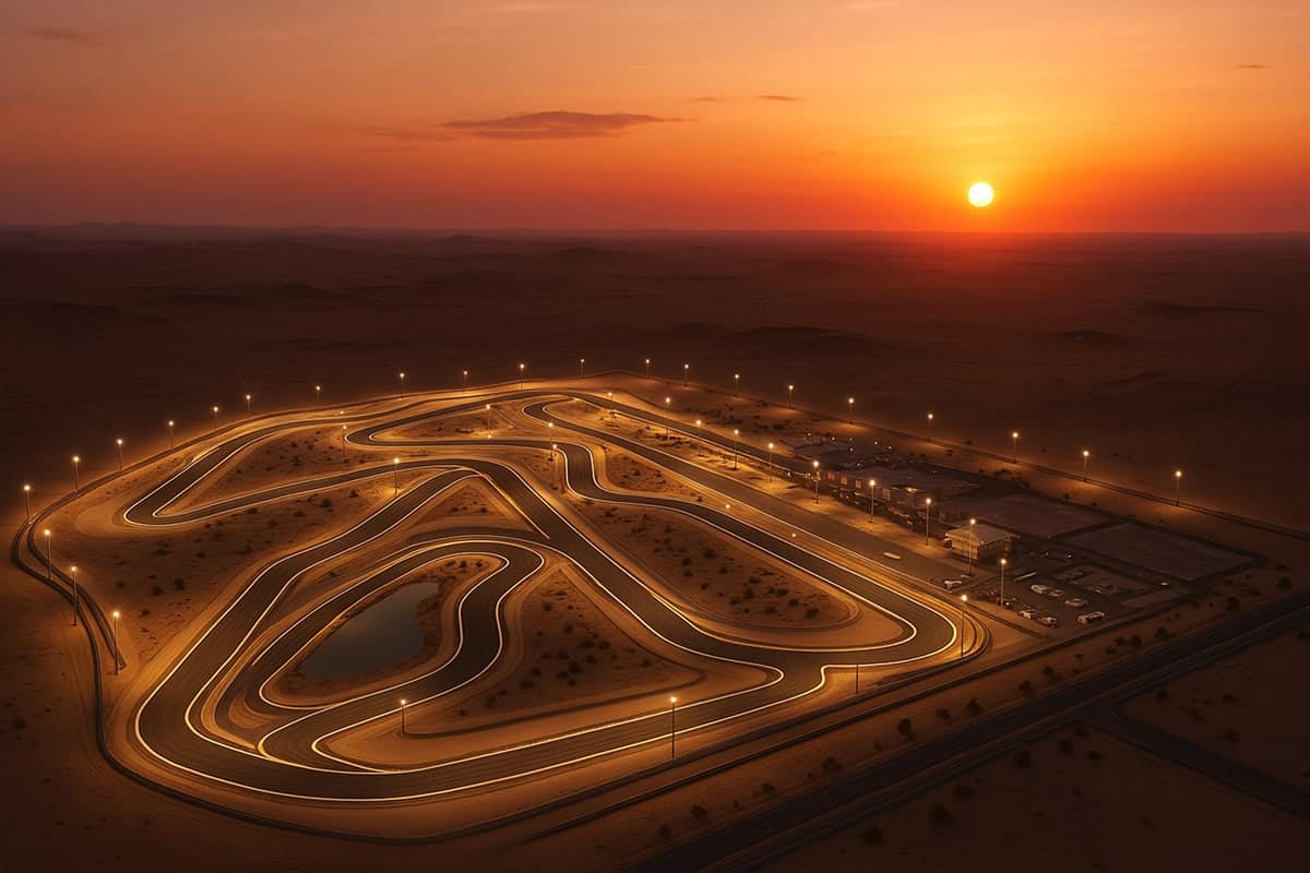 Circuit de Formule 1 dans le désert - vue aérienne de nuit (image d'illustration)
